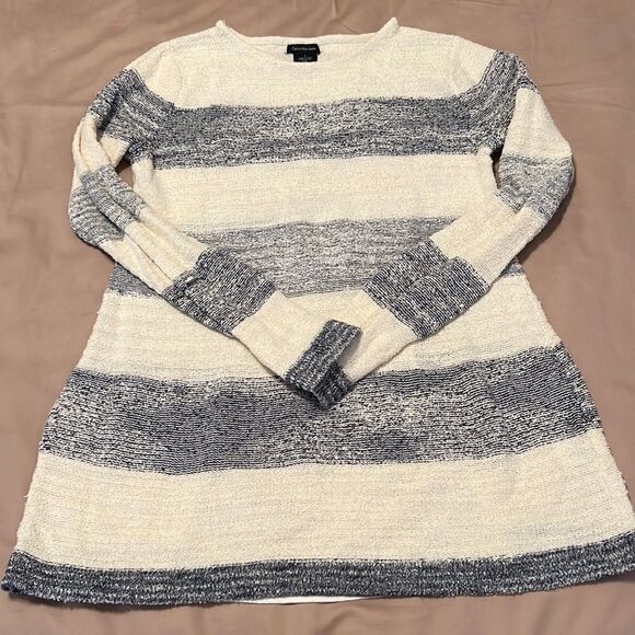 Calvin Klein jeans szS LS grey & white striped sweater sheer back panel EUC - Picture 2 of 7